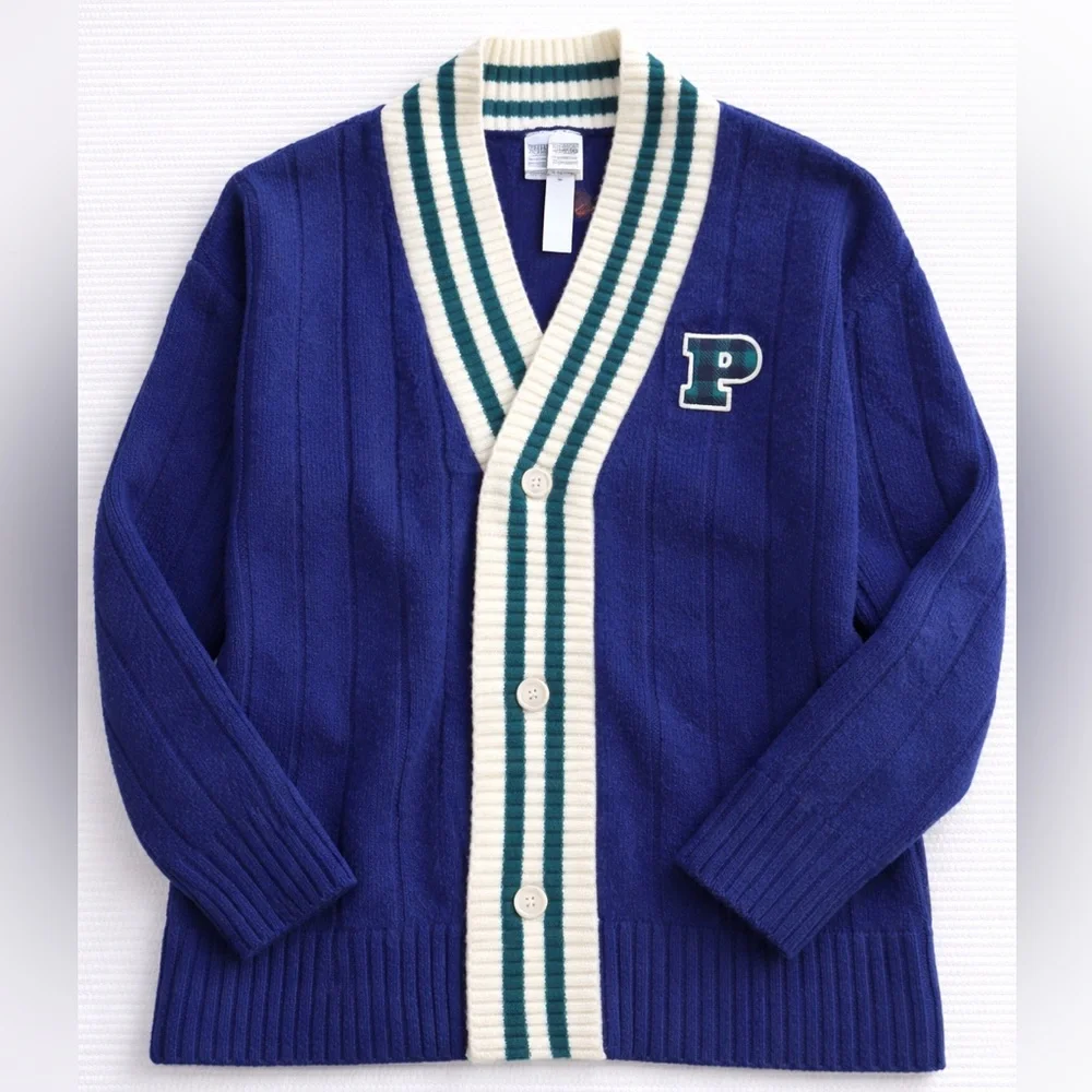 PINK VS Varsity Cardigan Blue Plaid Stripe Cozy Preppy XL NWT
